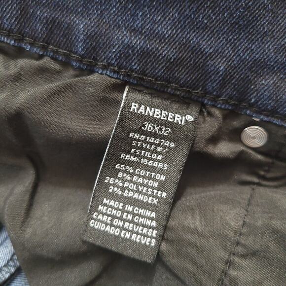 Ranbeeri Jeans Men 36x32 Blue Straight Leg Slim Rocker Dark Wash Stretch Denim - Picture 6 of 11